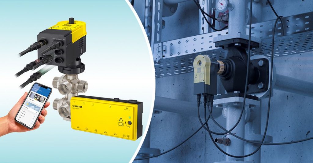 Illustration of the yellow and black smart actuator with smartphone app and installed in an HVAC system.